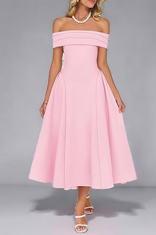 Off Shoulder Pleated Fit and Flare Midi Party Dress - View 6