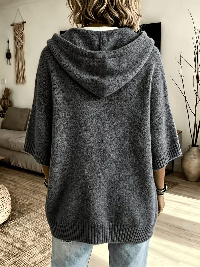 Hooded Drawstring Oversized Knit Poncho Sweater 15