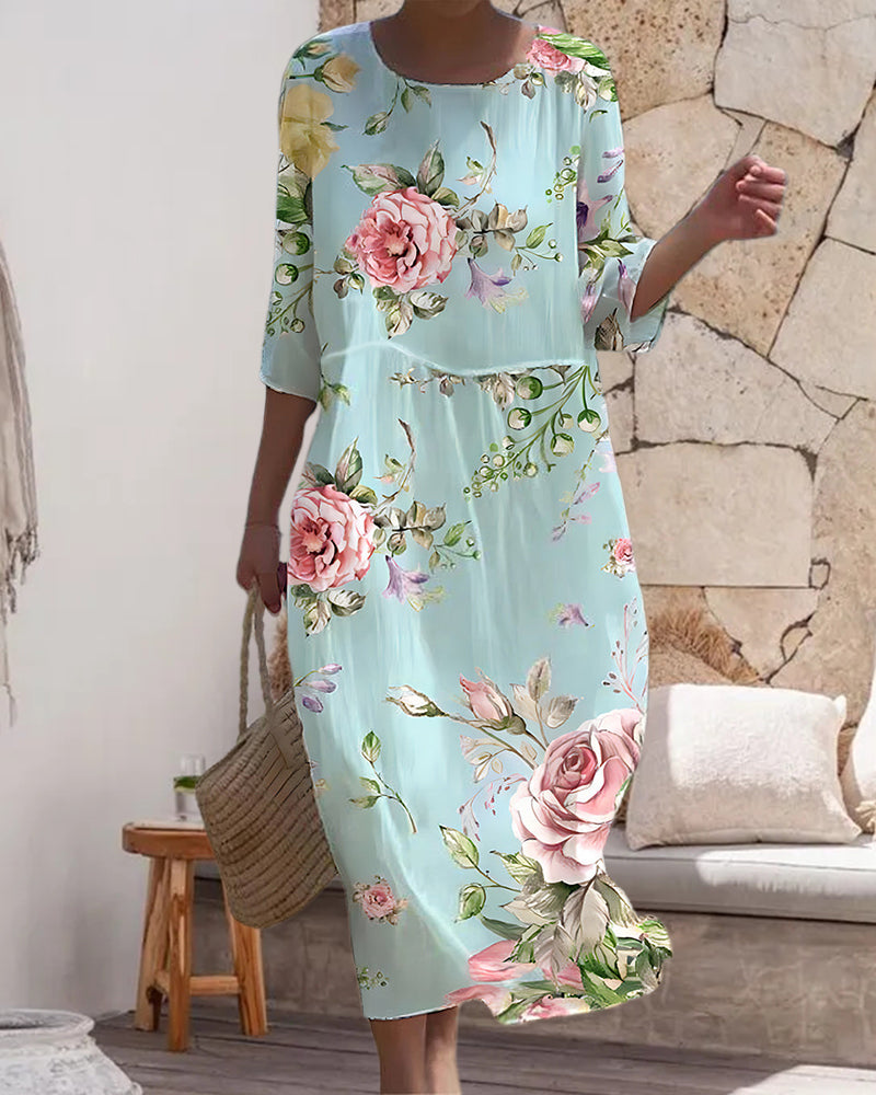 Large Floral Print Round Neck Half Sleeve Shift Midi Dress 2