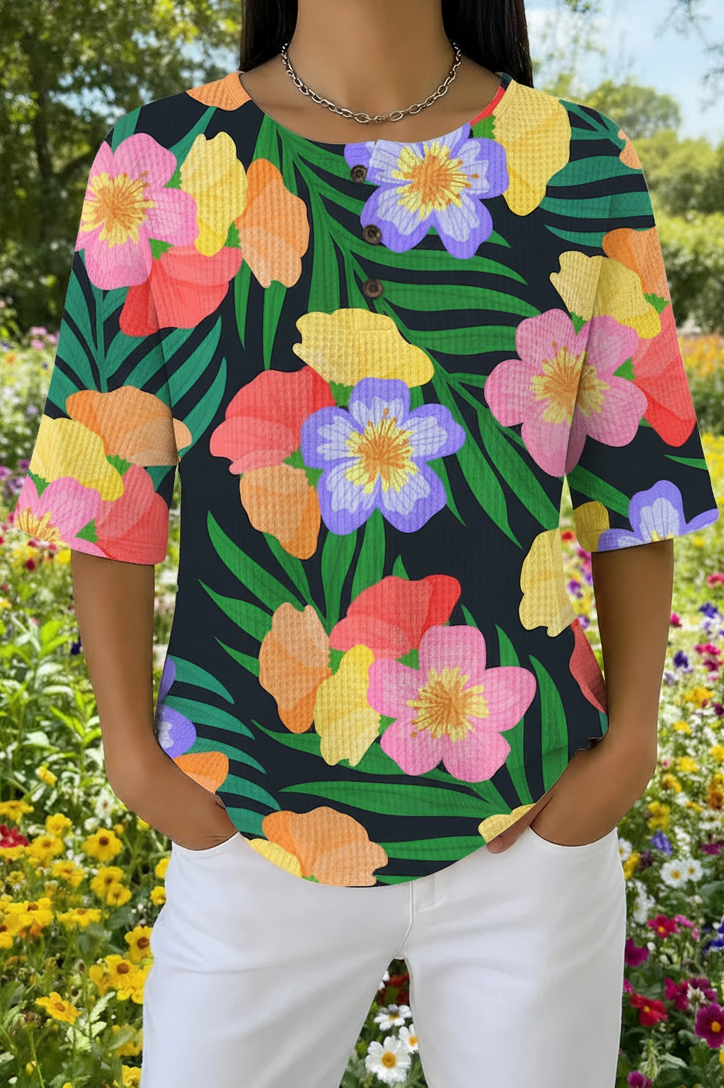 Tropical Floral Henley Neck Short Sleeve Waffle Knit Top
