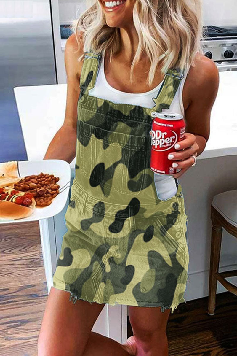 Denim Adjustable Strap Buckle Bib Pocket Raw Frayed Hem Dress - View 2