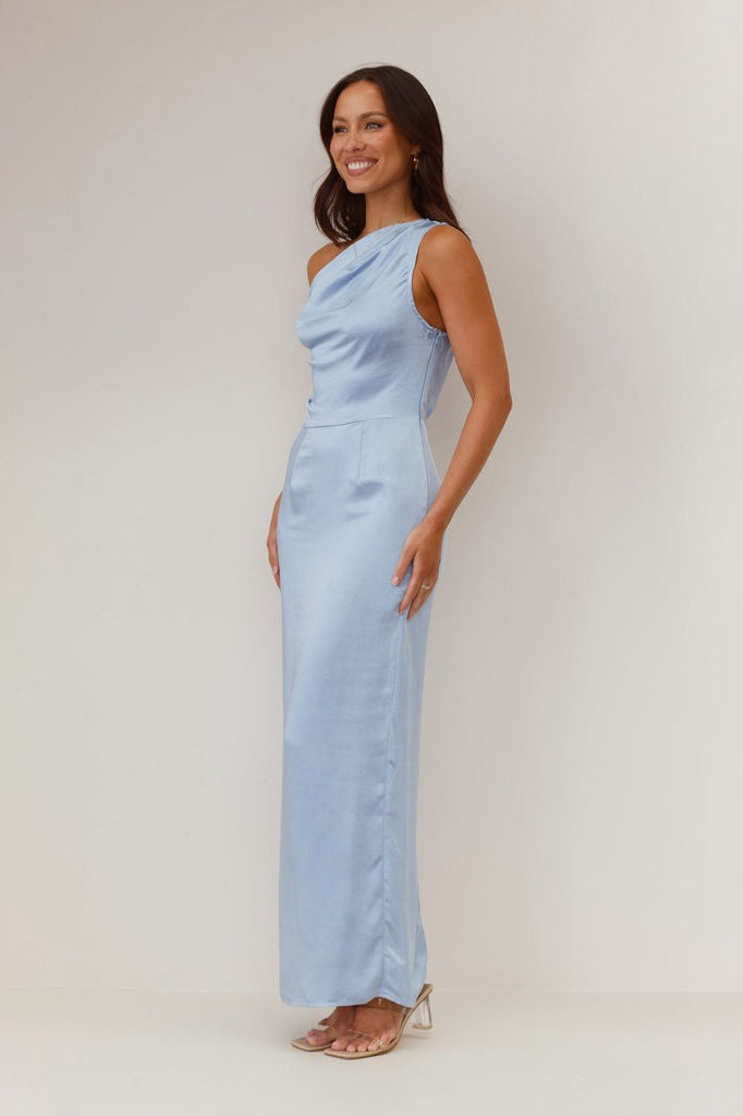 Satin One Shoulder Draped Column Maxi Dress - View 15