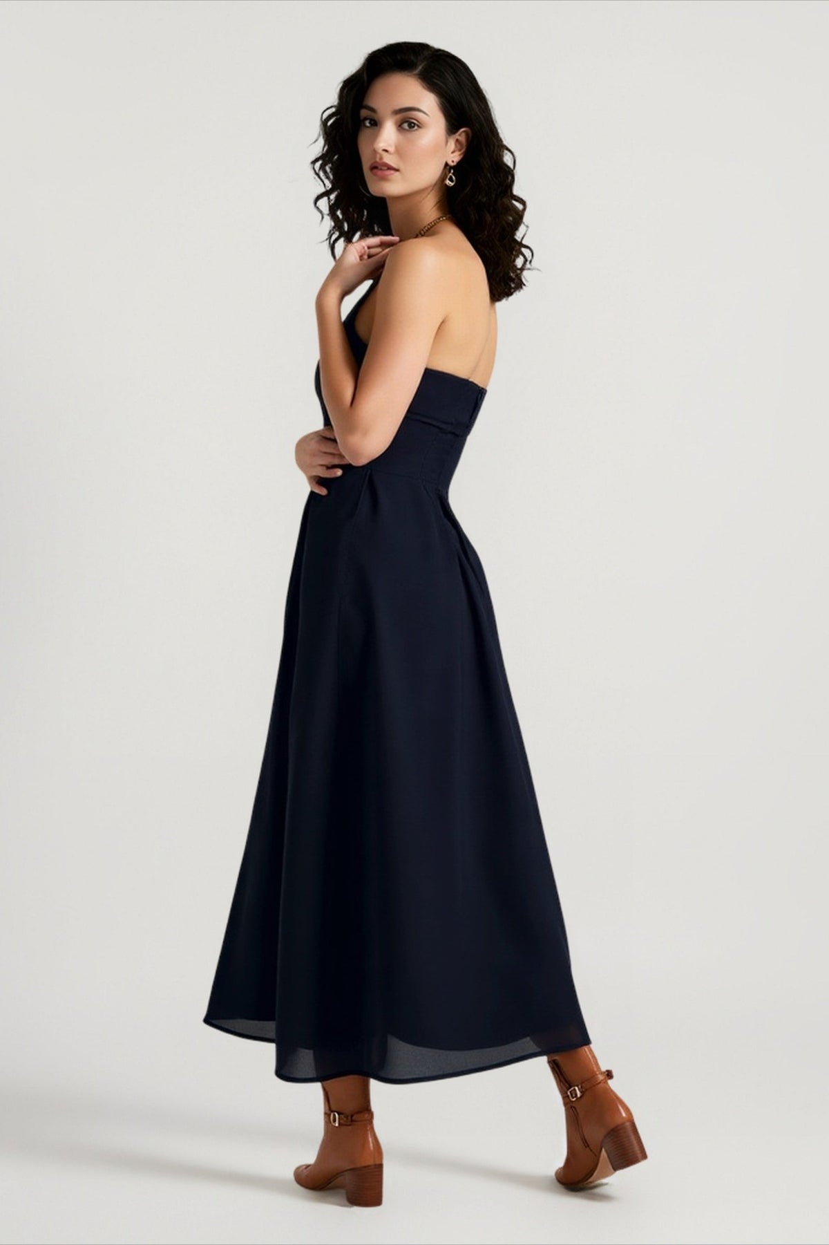 Strapless Fold Over Neck Pleated Fit and Flare Midi Cocktail Dress - View 3