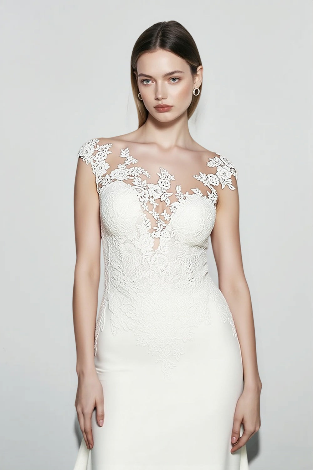 Illusion Neckline Sleeveless Lace Bodice Satin Maxi Gown 2