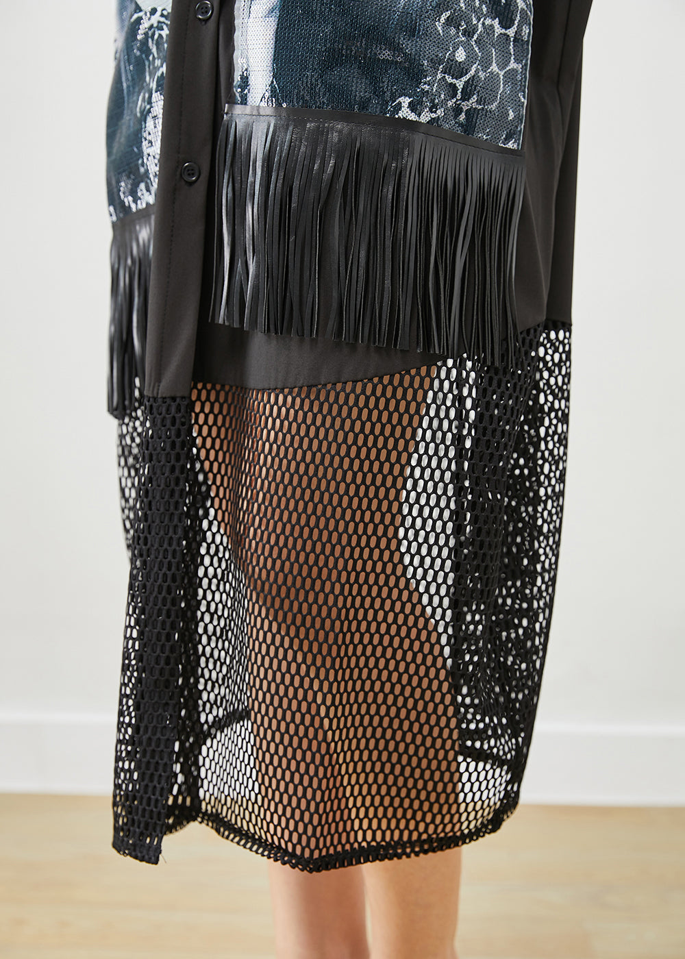 Sequin Sleeve Grommet Strap Graphic Print Fringe Mesh Hem Shirt Dress - View 5