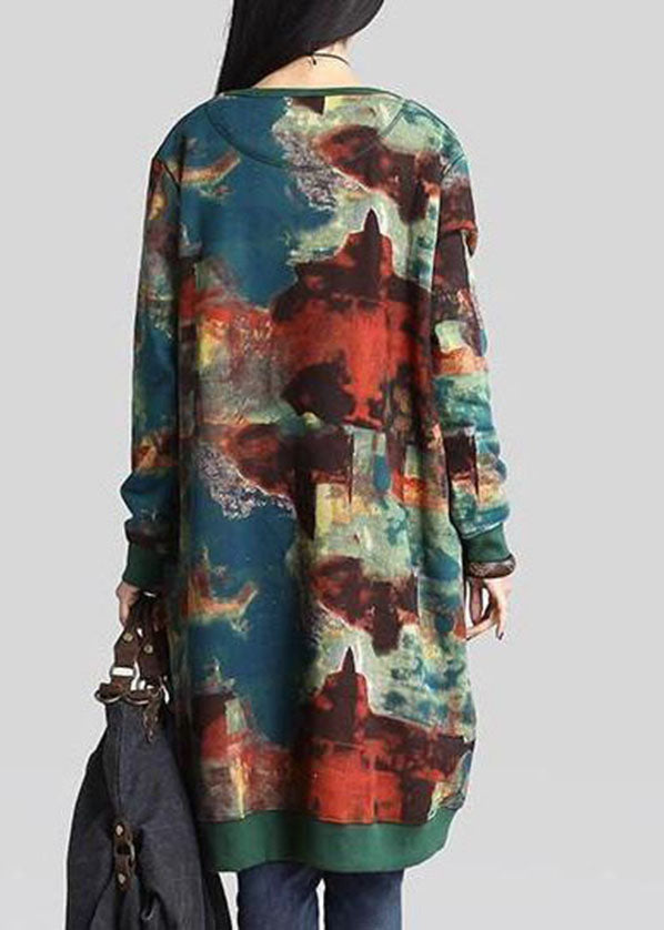 Abstract Print Round Neck Long Sleeve Ribbed Cuff Pocket Dress - View 4