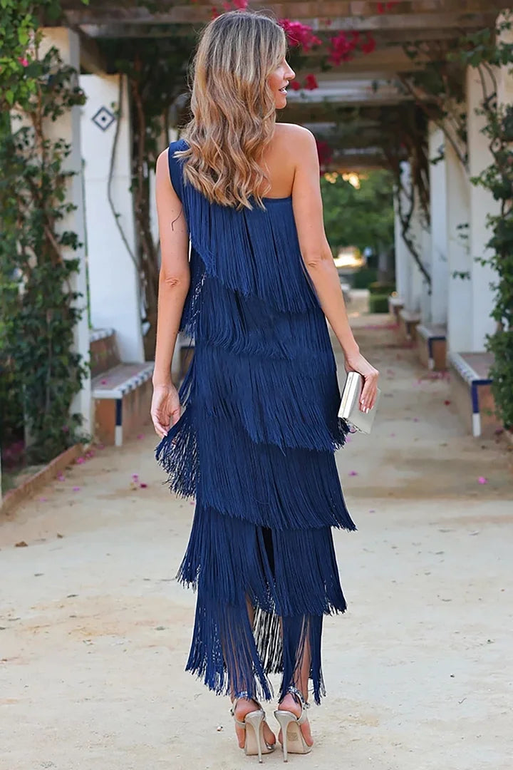 One Shoulder All Over Tiered Fringe Bodycon Midi Dress - View 3