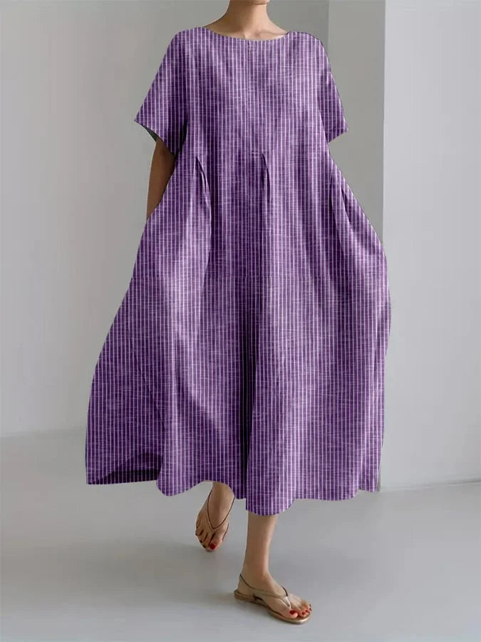 Striped Round Neck Short Sleeve Pocket A-Line Midi Dress Summer 5