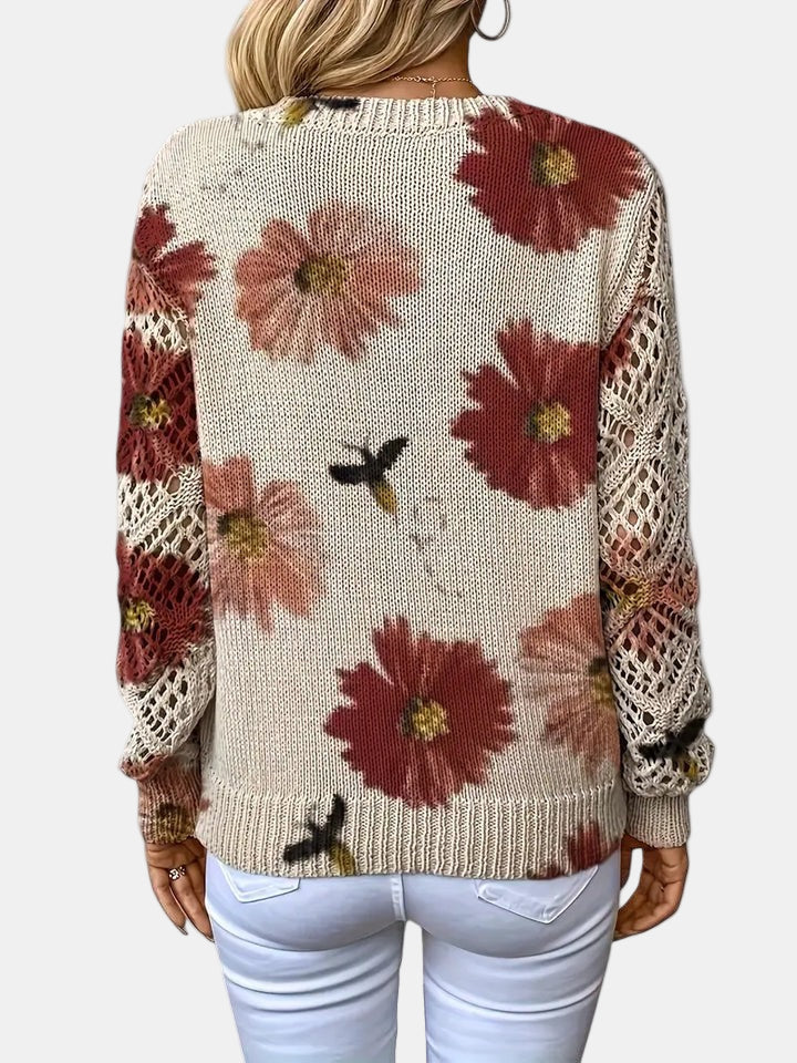 Floral V-Neck Long Sleeve Crochet Sleeve Knit Sweater 10