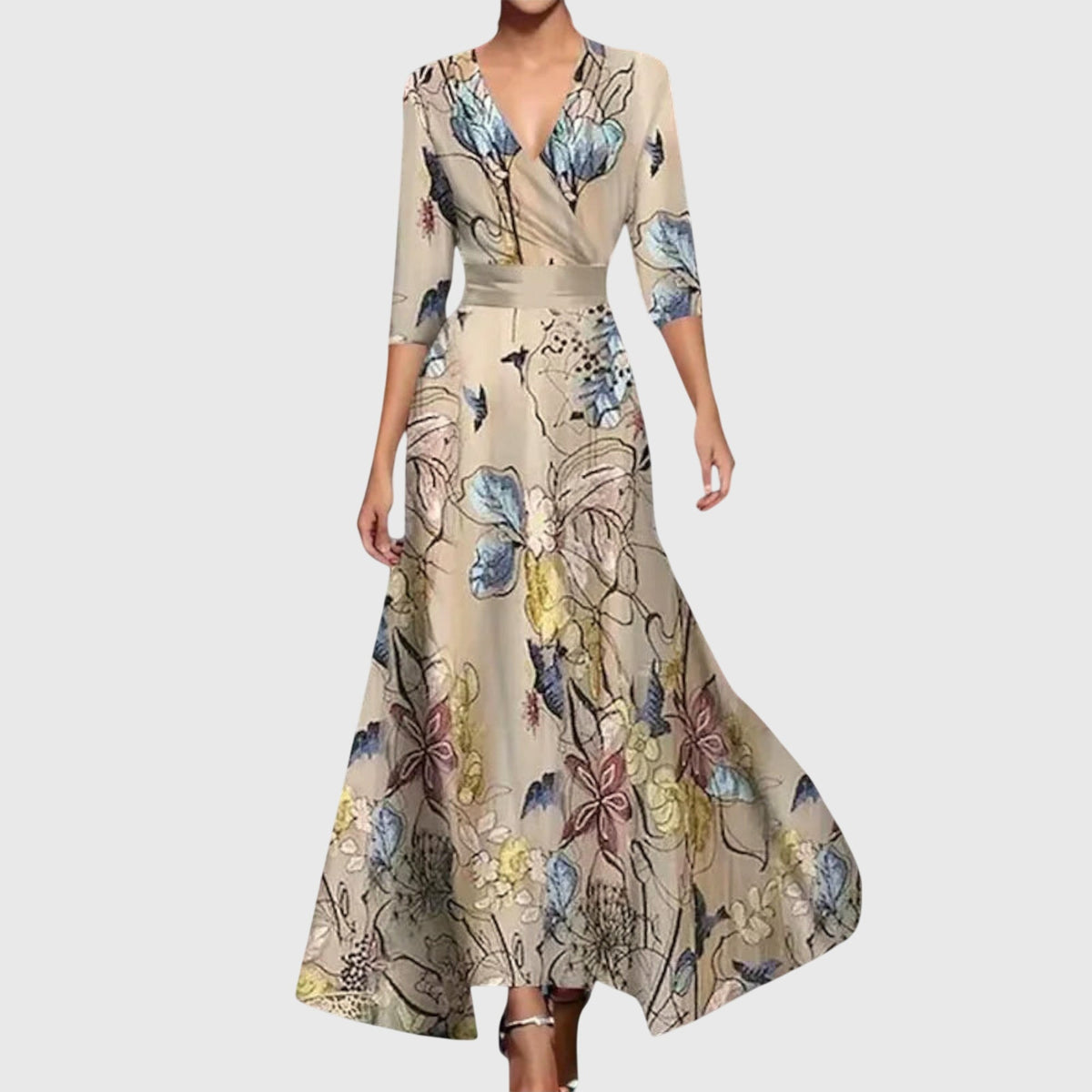 Floral Print Deep V-Neck Three Quarter Sleeve Wrap Maxi Dress 3