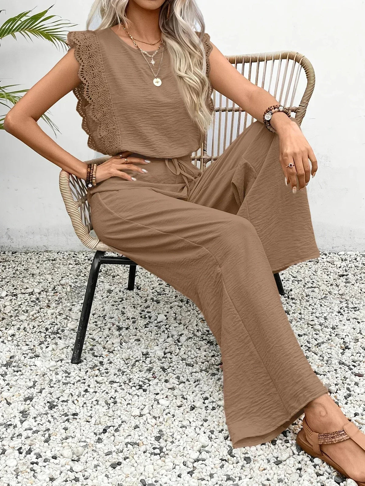 Round Neck Lace Trim Sleeveless Wide Leg Jumpsuit 26