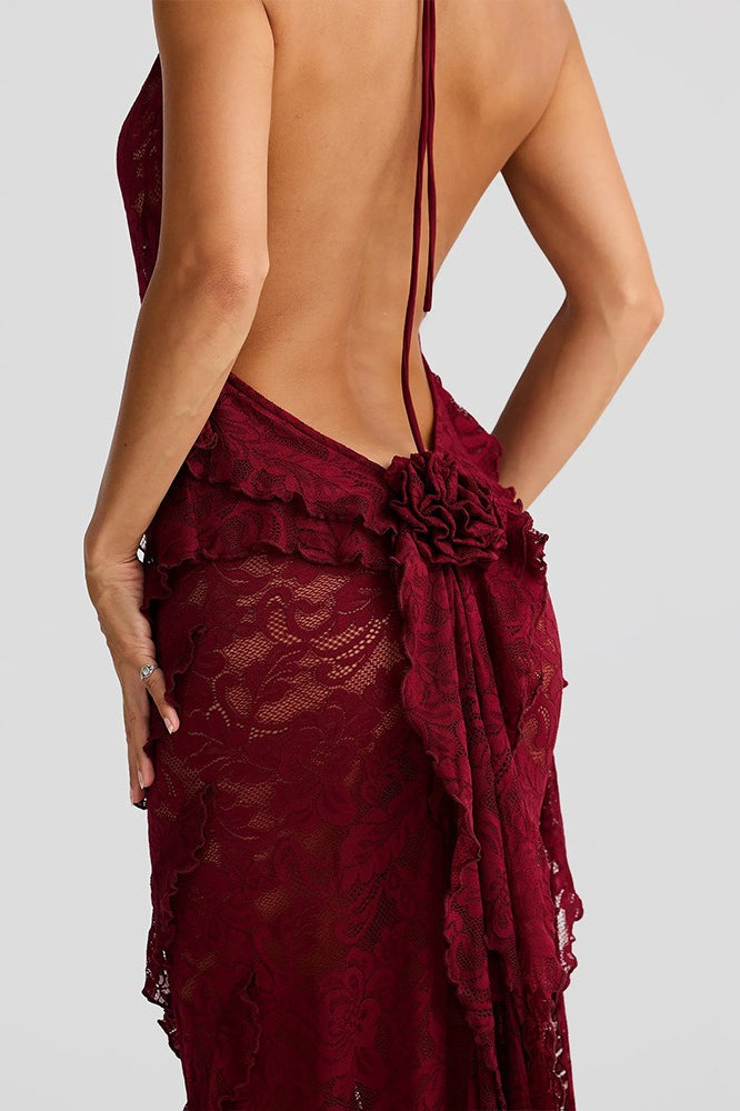 Backless Lace Halter Bodycon Maxi Dress - View 10