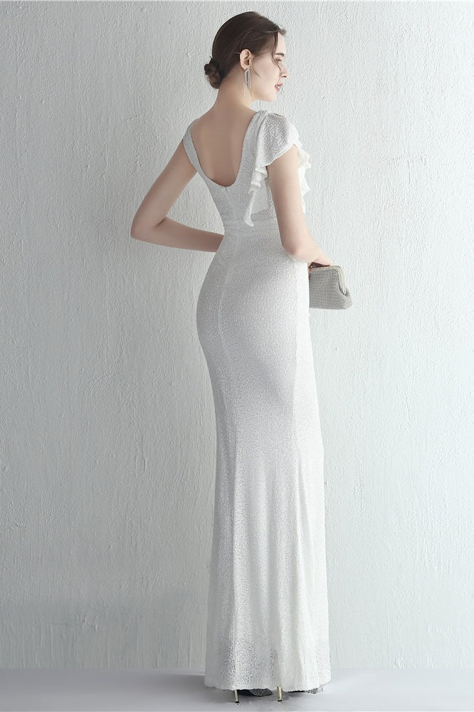 Sequin High Neck Cap Sleeve Ruffle High Split Mermaid Gown - View 24