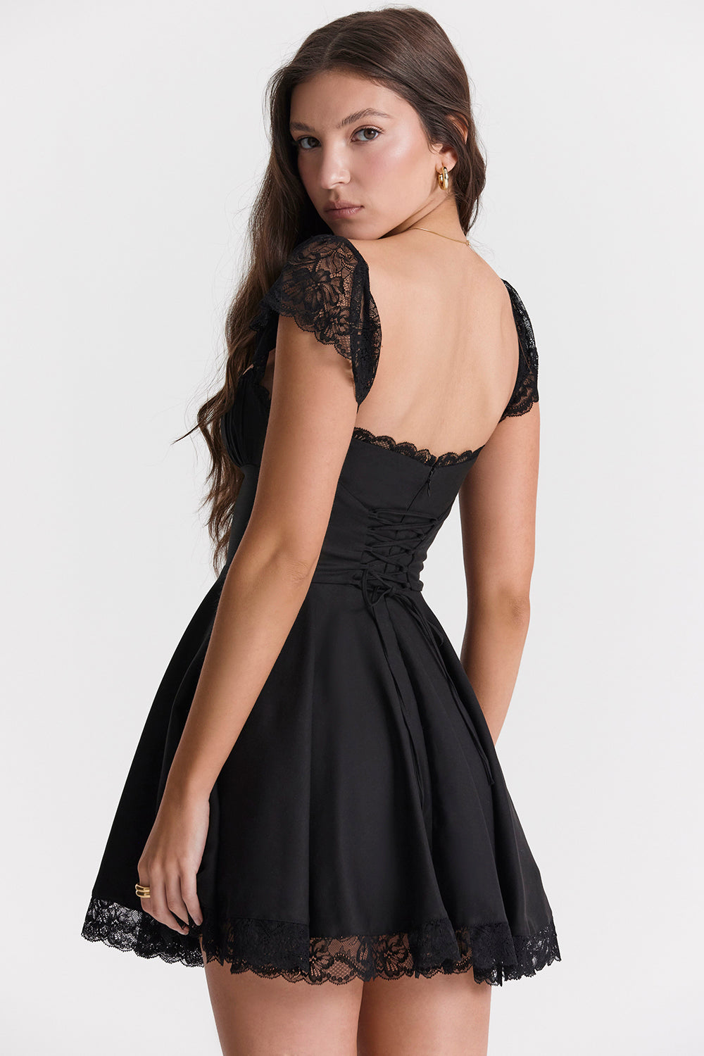Lace Trim Square Neck Ruched Flutter Strap Fit and Flare Mini Dress - View 6