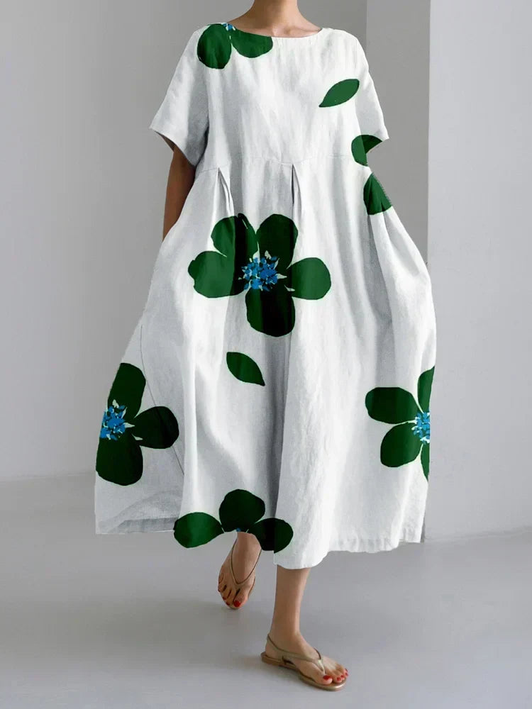 Floral Round Neck Short Sleeve Pocket Cocoon Midi Dress 3