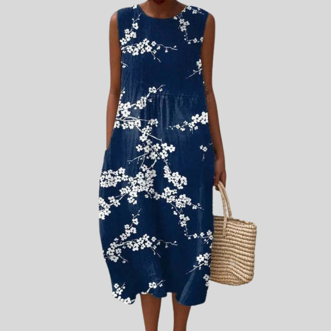 Floral Print Round Neck Sleeveless Midi Dress
