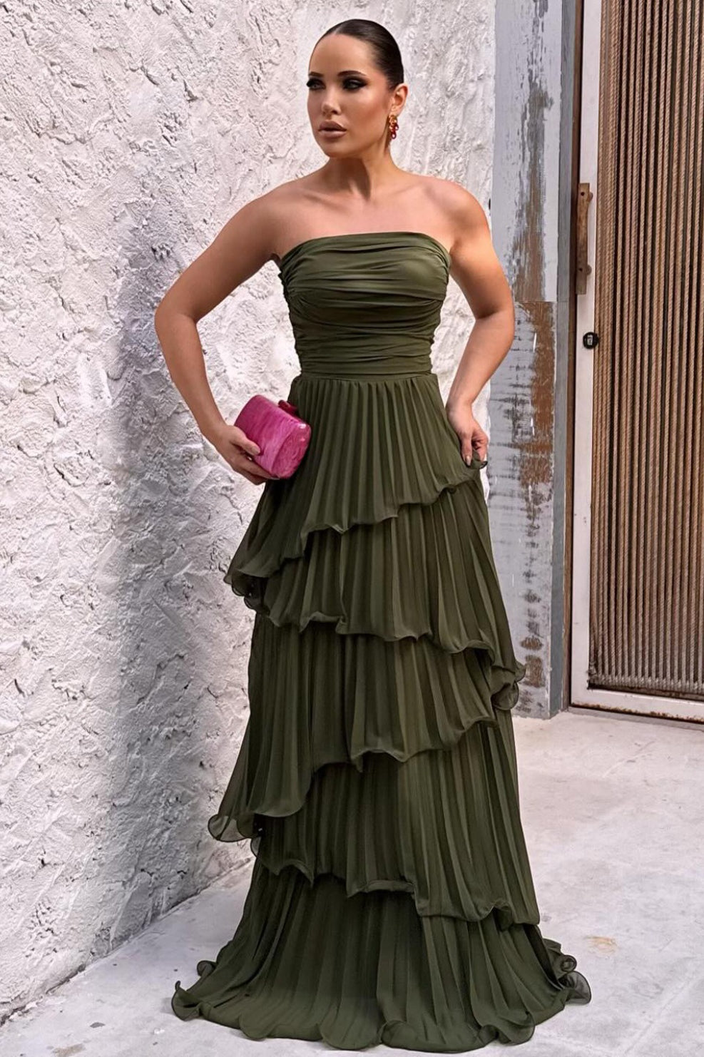 Strapless Ruched Tiered Pleated Chiffon Maxi Prom Dress - View 7