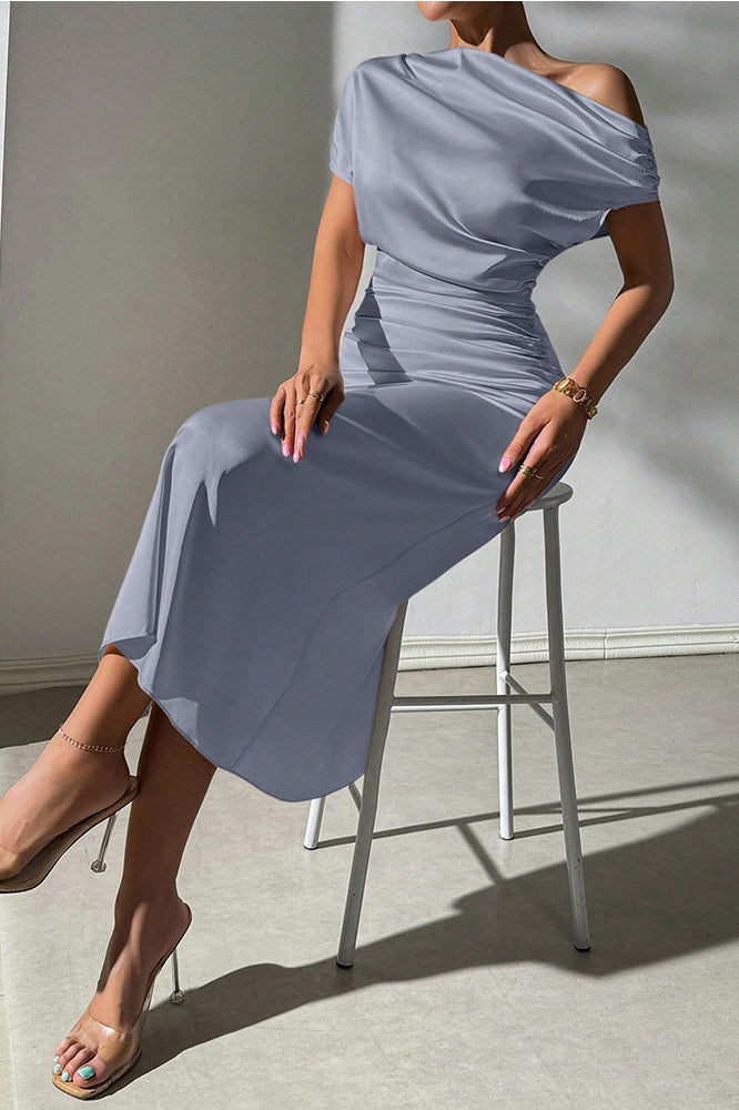 Satin One Shoulder Ruched Pleated Asymmetric Midi Dress - View 11