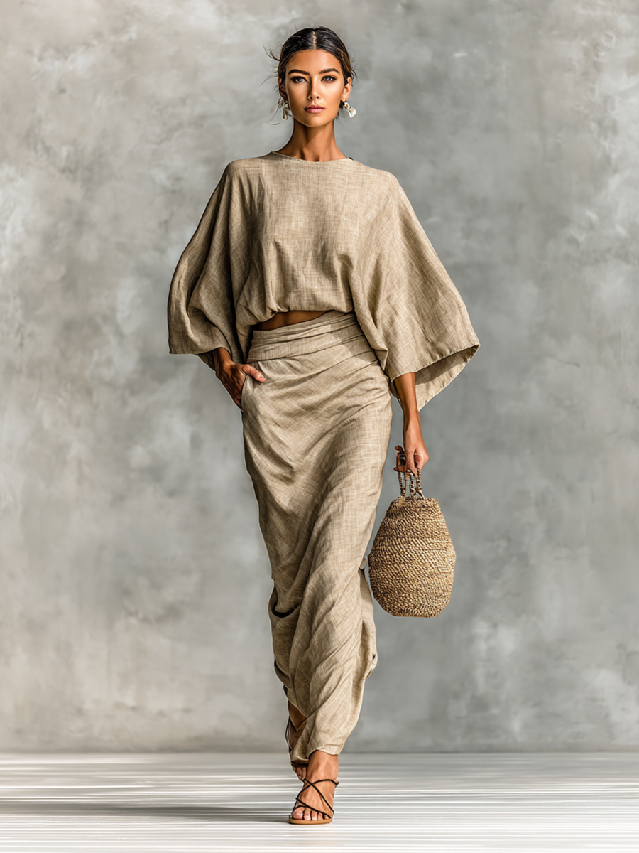Dolman Sleeve Top and Ruched Maxi Skirt Two Piece Set 6