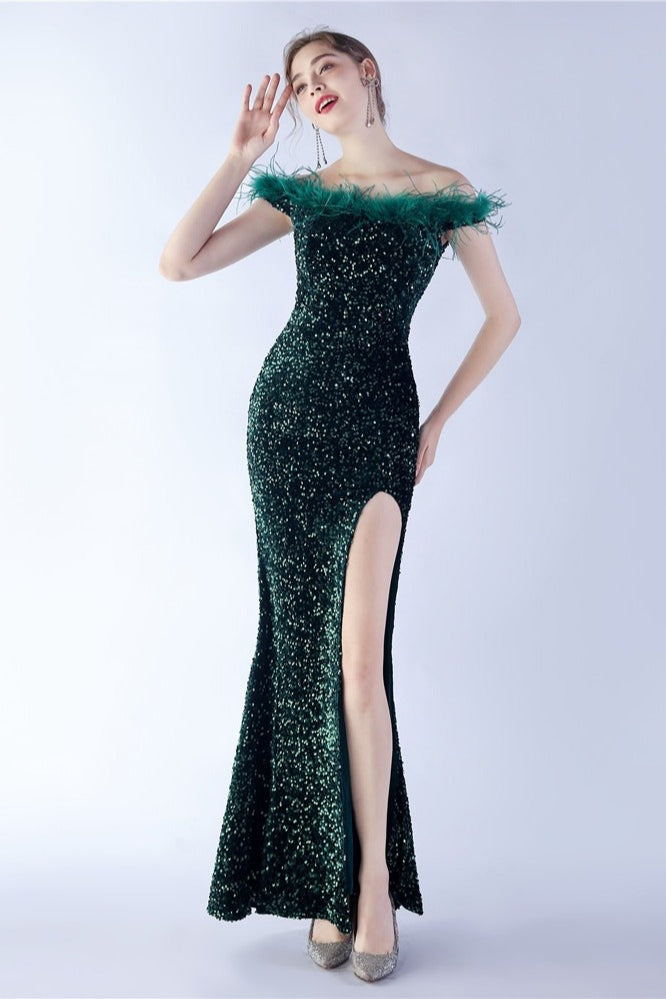 Sequin Off Shoulder Feather Trim High Split Mermaid Gown - View 16