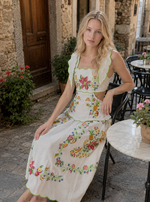 Floral Embroidered Crop Top and Midi Skirt Two Piece Set 2