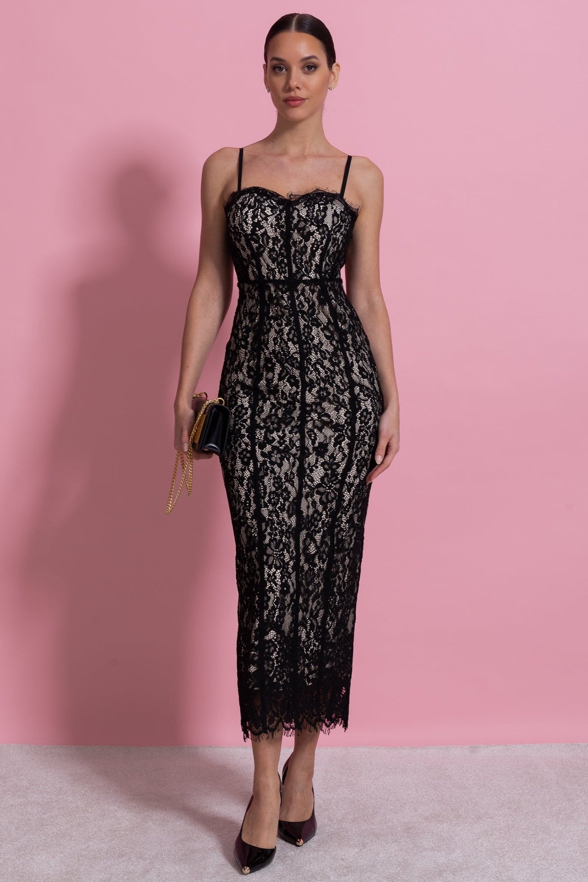 Lace Midi Dress With Sheer Corset Bodice - Black - View 3