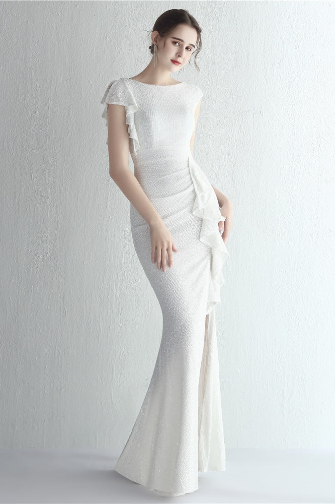 Sequin High Neck Cap Sleeve Ruffle High Split Mermaid Gown - View 21
