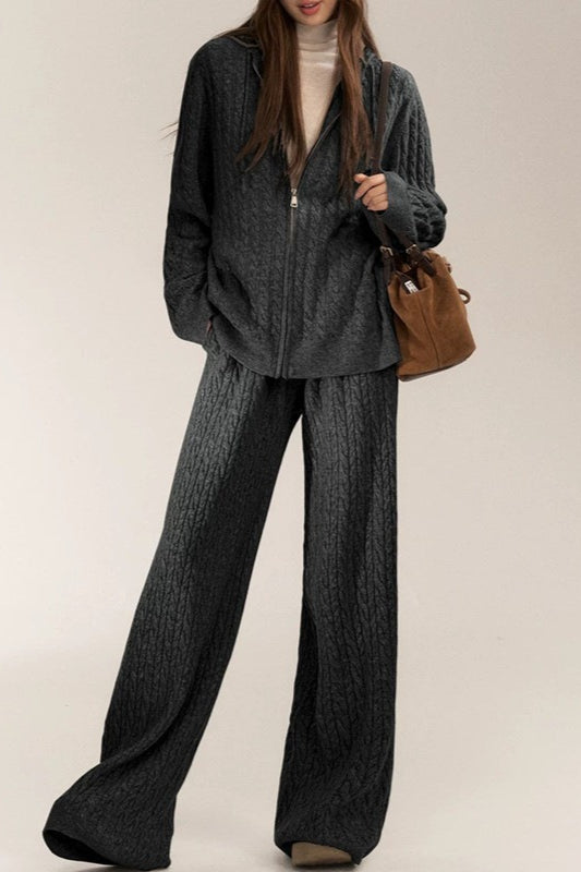 Cable Knit Hoodie Wide Leg Pants Knit Set