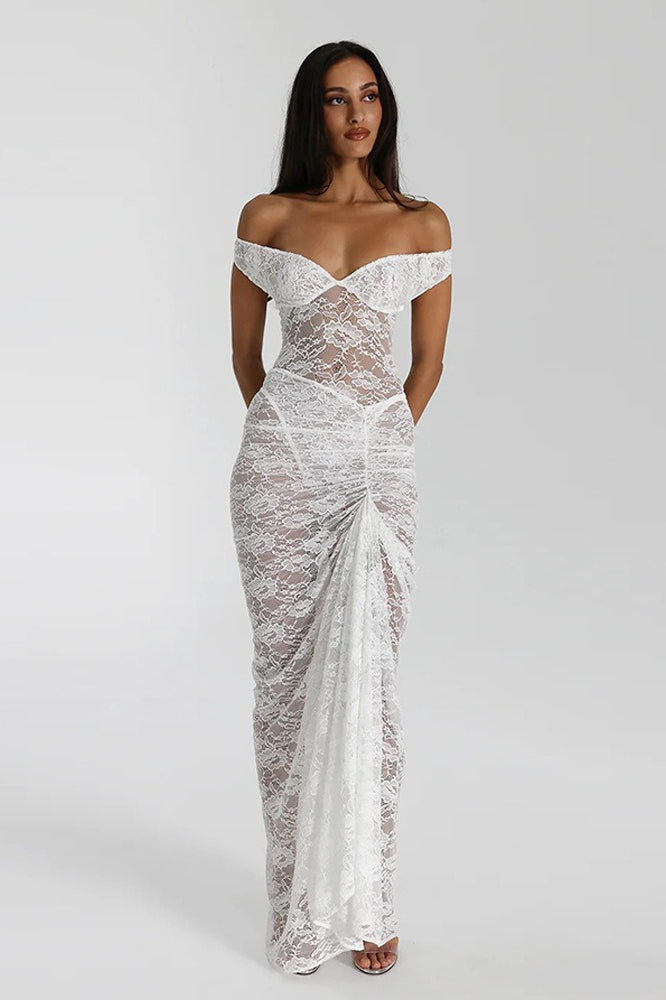 Backless Lace Ruched Bodycon Maxi Dress
