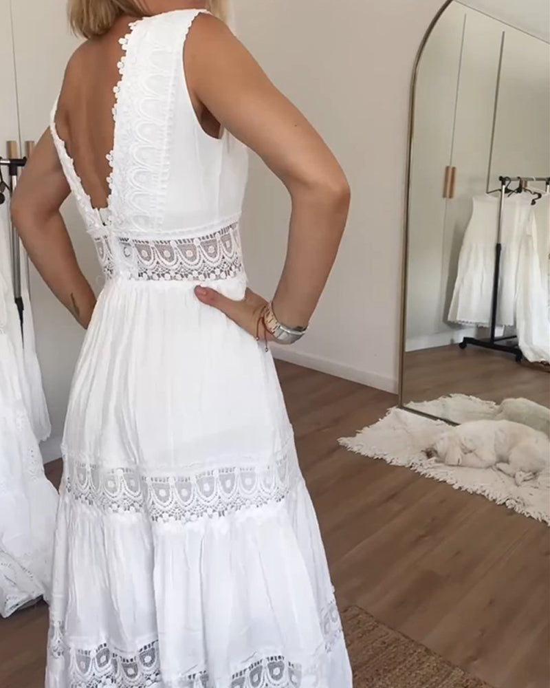 Lace Trim Sleeveless Deep V-Neck Tiered Midi Dress - View 2