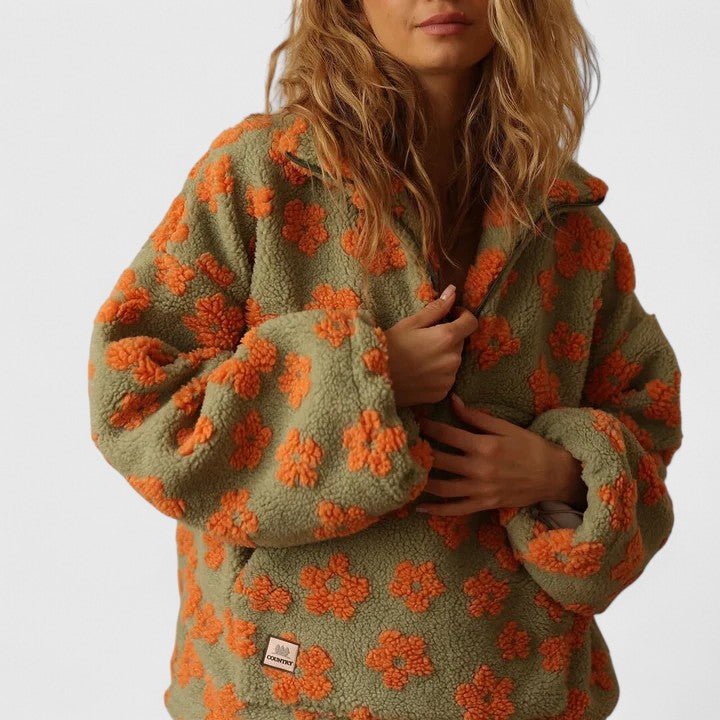 Floral Sherpa Fleece Half Zip Pullover Sweatshirt 8