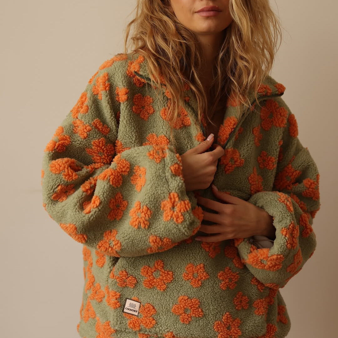 Floral Sherpa Fleece Collared Half Zip Pullover 9