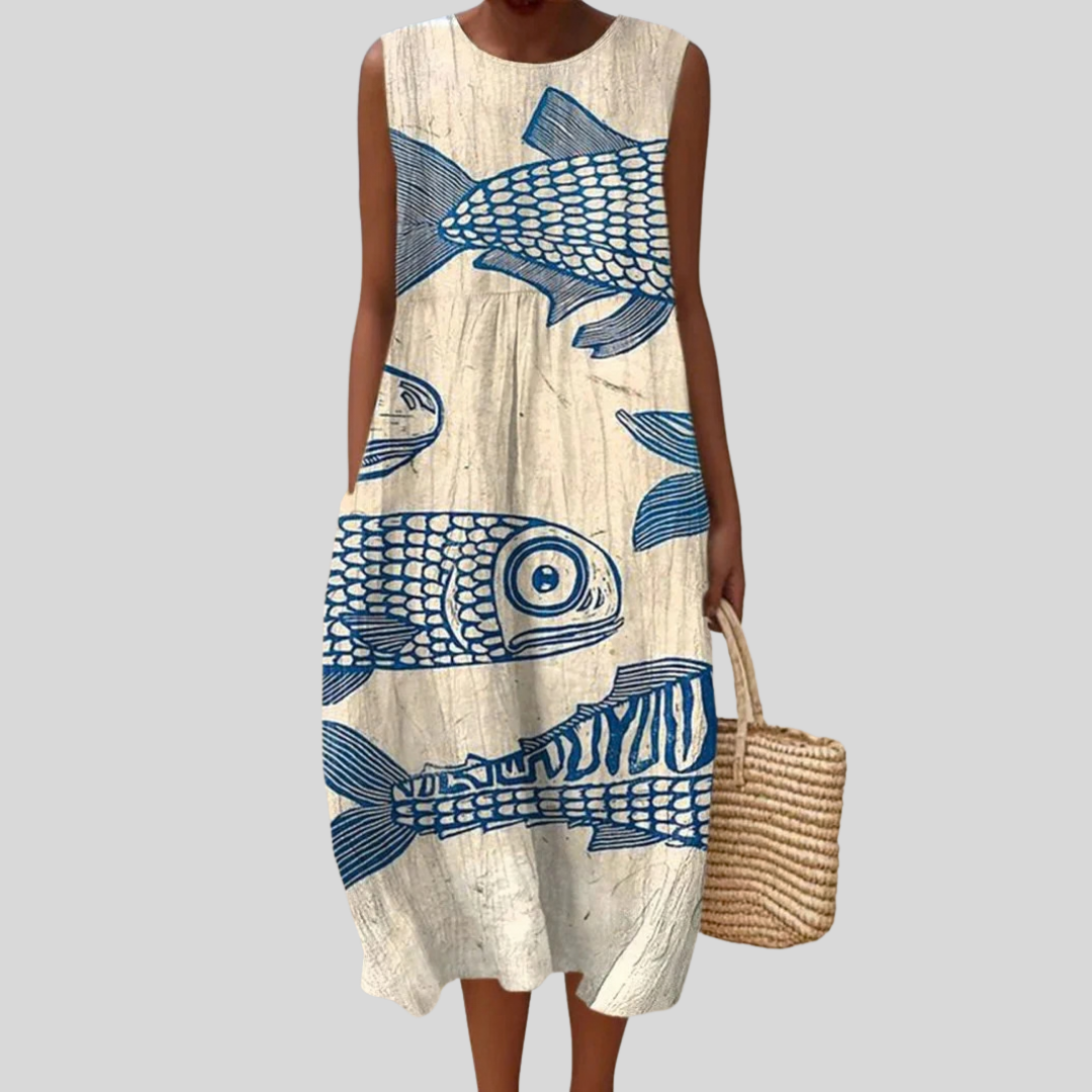 Fish Print Sleeveless Round Neck Midi Dress