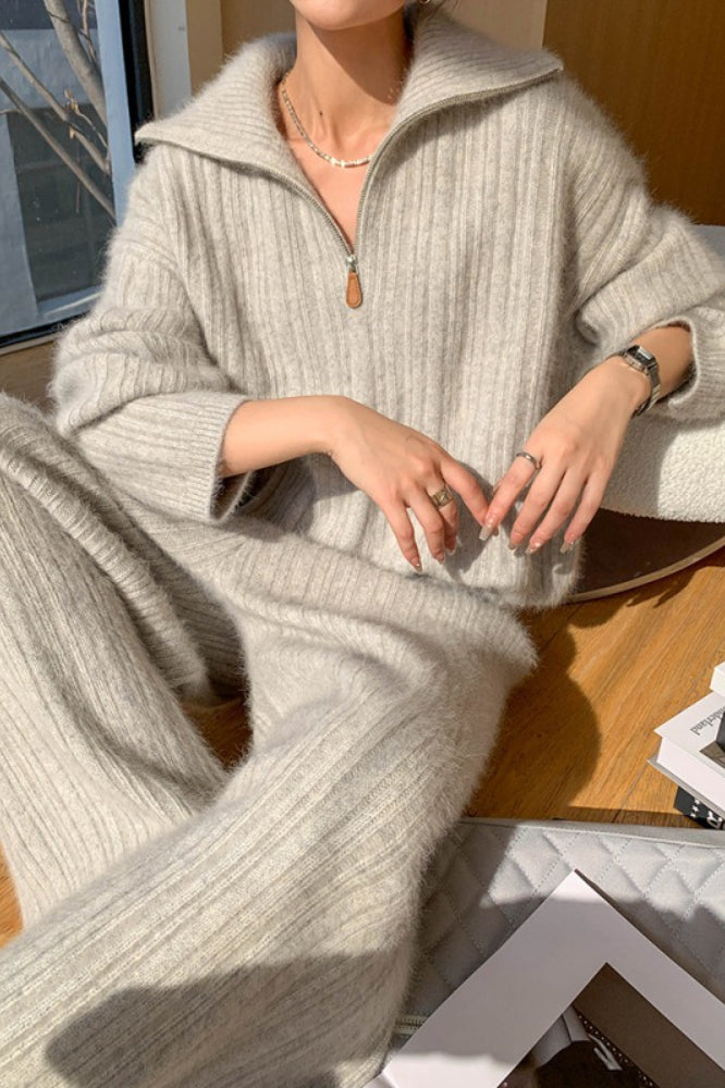 Half Zip Polo Sweater Wide Pants Knit Set
