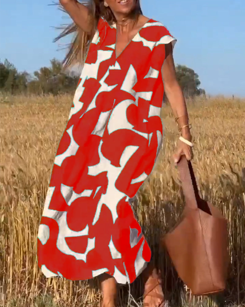 Abstract Print V-Neck Cap Sleeve Oversized Maxi Dress 14