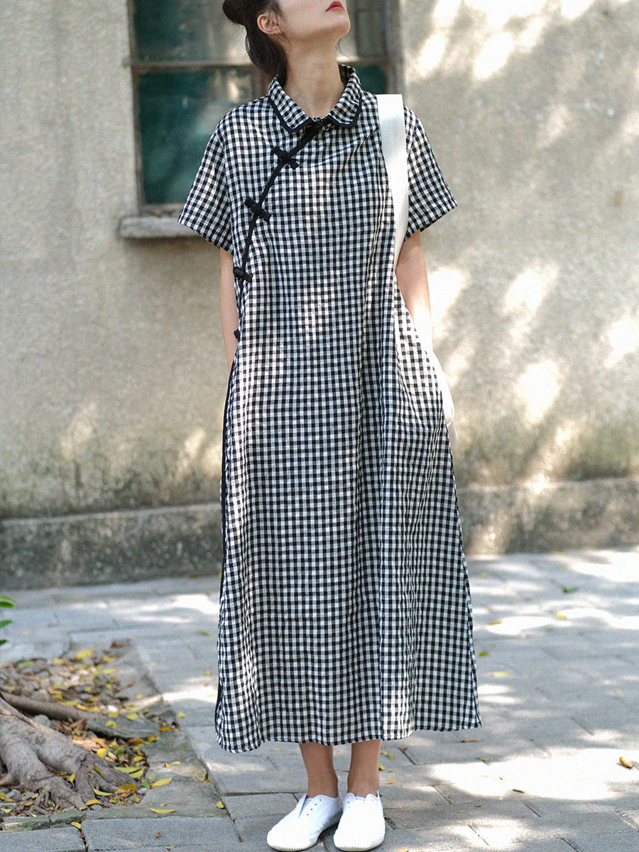 Gingham Check Mandarin Collar Frog Button Short Sleeve Maxi Dress - View 2