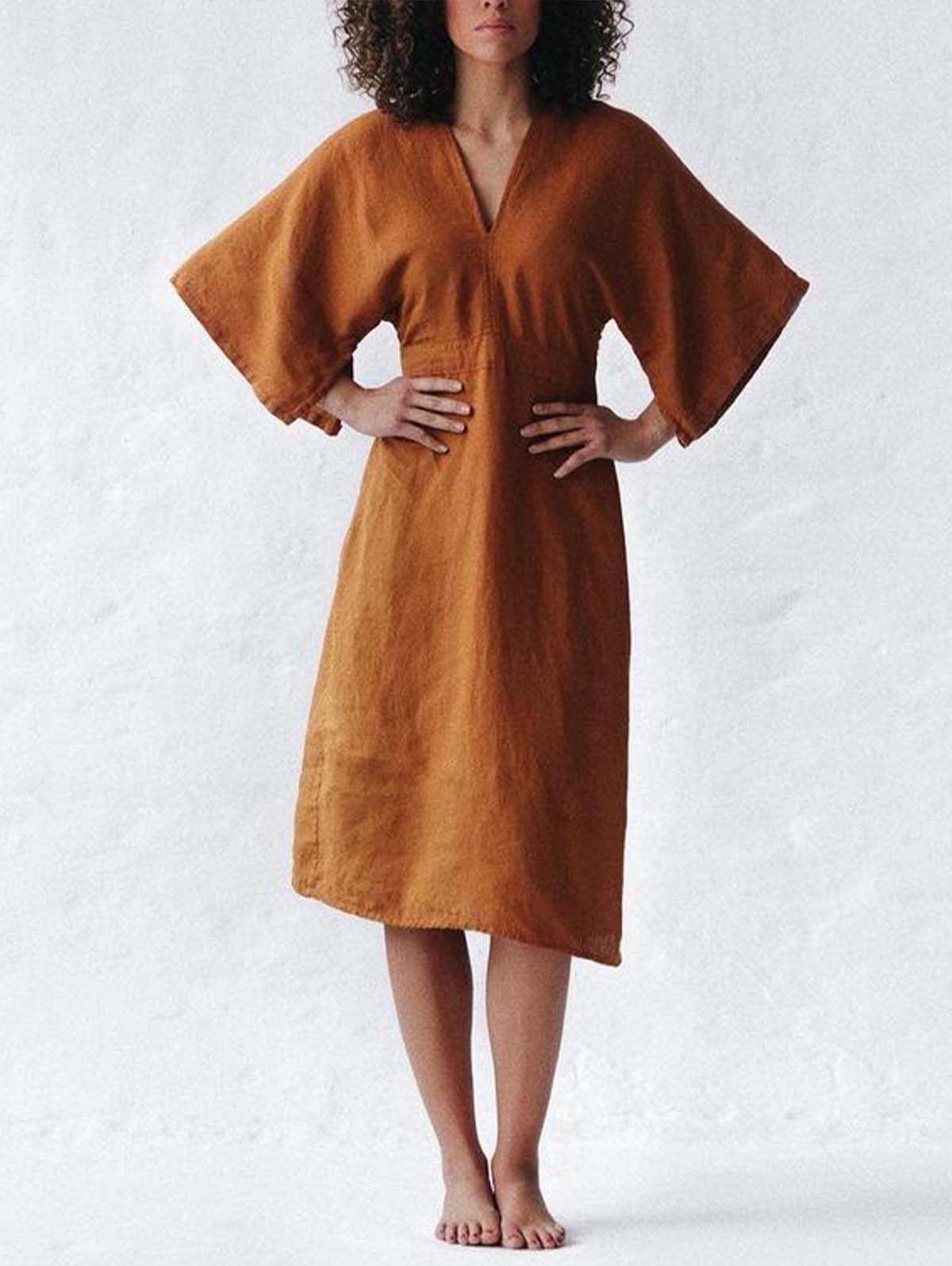 Deep V-Neck Kimono Sleeve Belted Waist A-Line Midi Dress - View 2