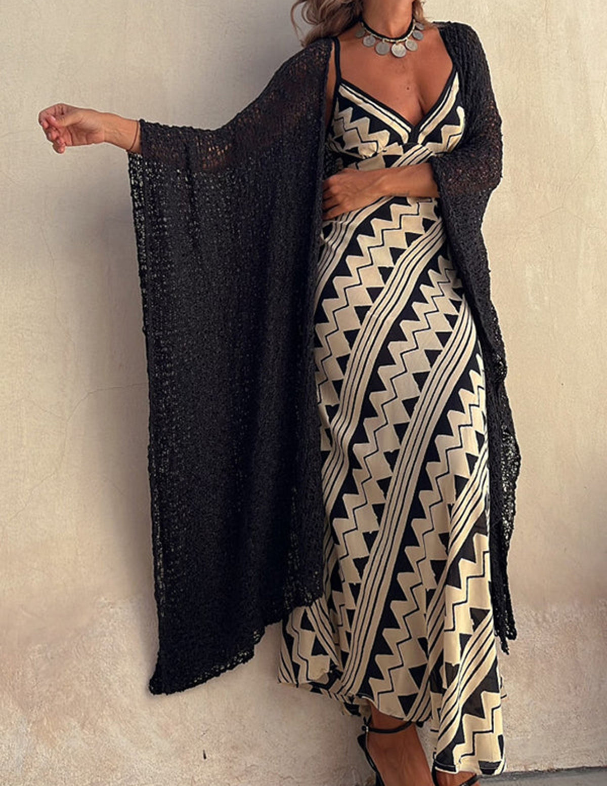 Exclusive Melody Satin Ethnic Print Smocked Back Midi Dress in White - View 4