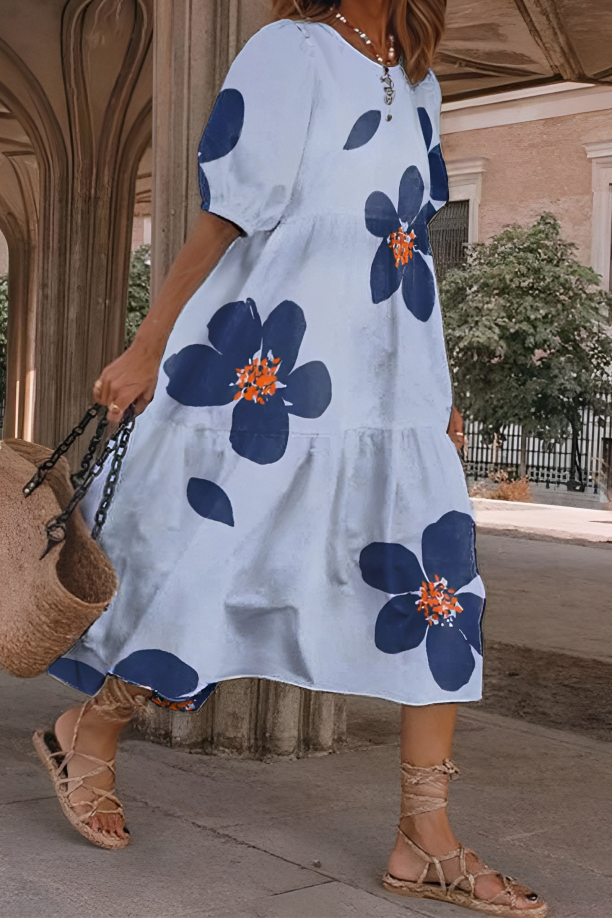 Leaf Print Short Sleeve Tiered Midi Dress 2