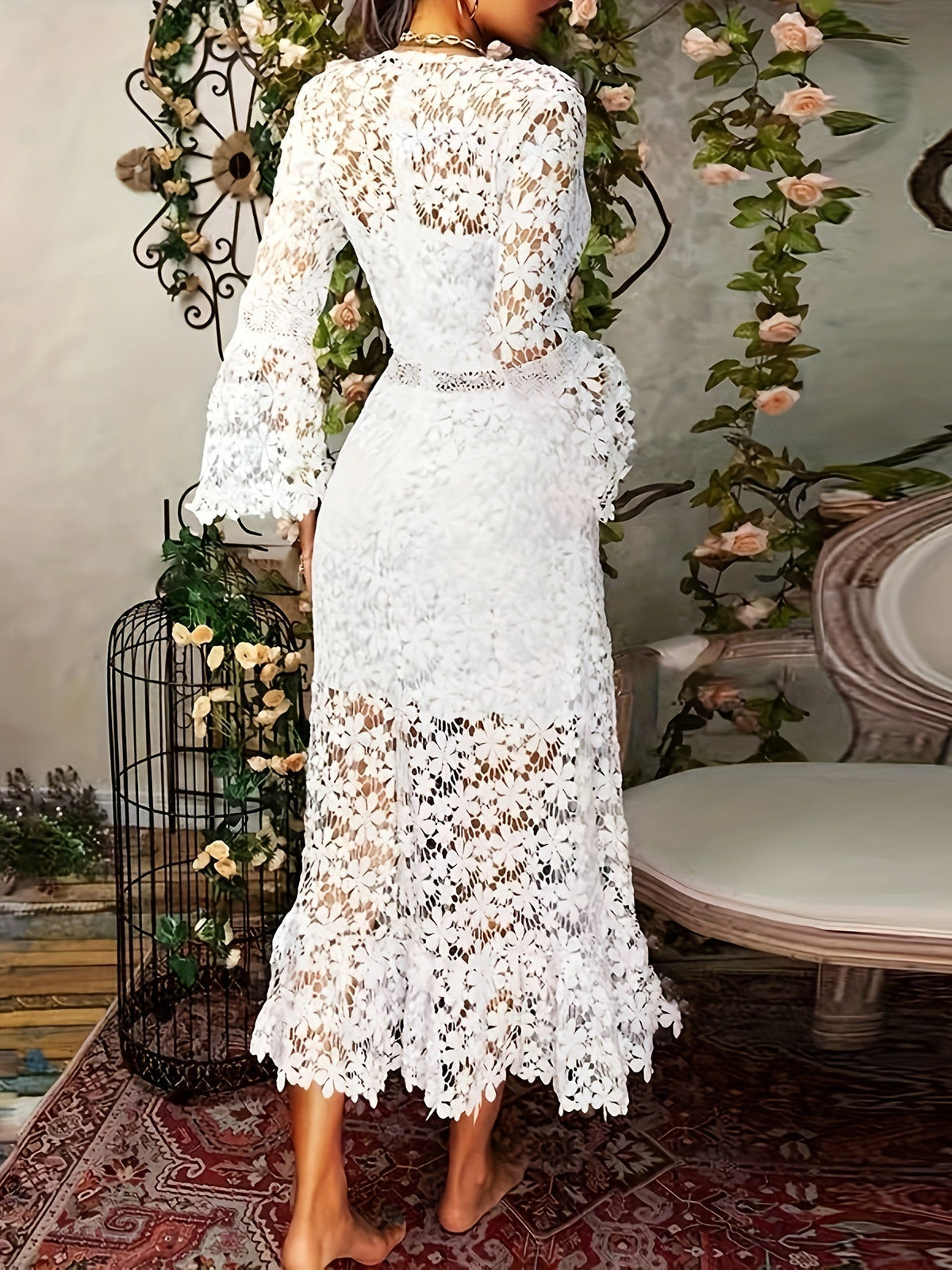 Floral Lace Deep V Back Waistband Bell Sleeve Scalloped Hem Maxi Gown