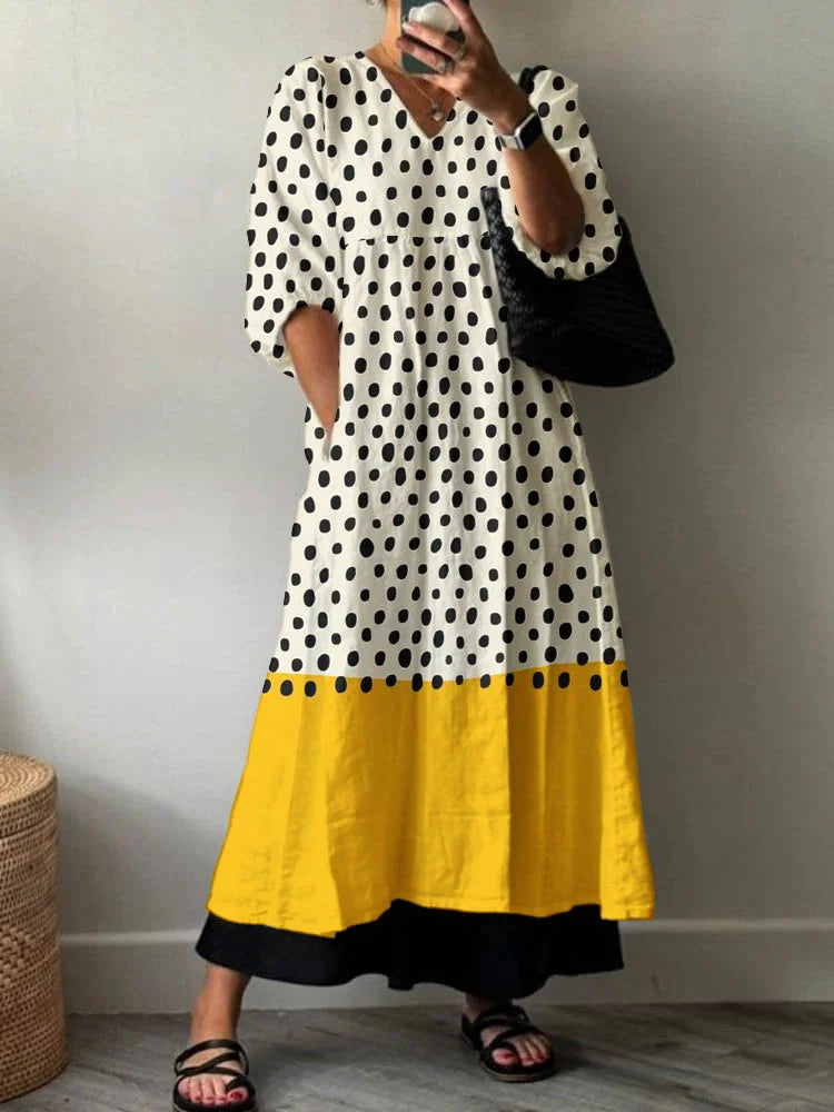 Polka Dot V-Neck Puff Sleeve Color Block Maxi Dress