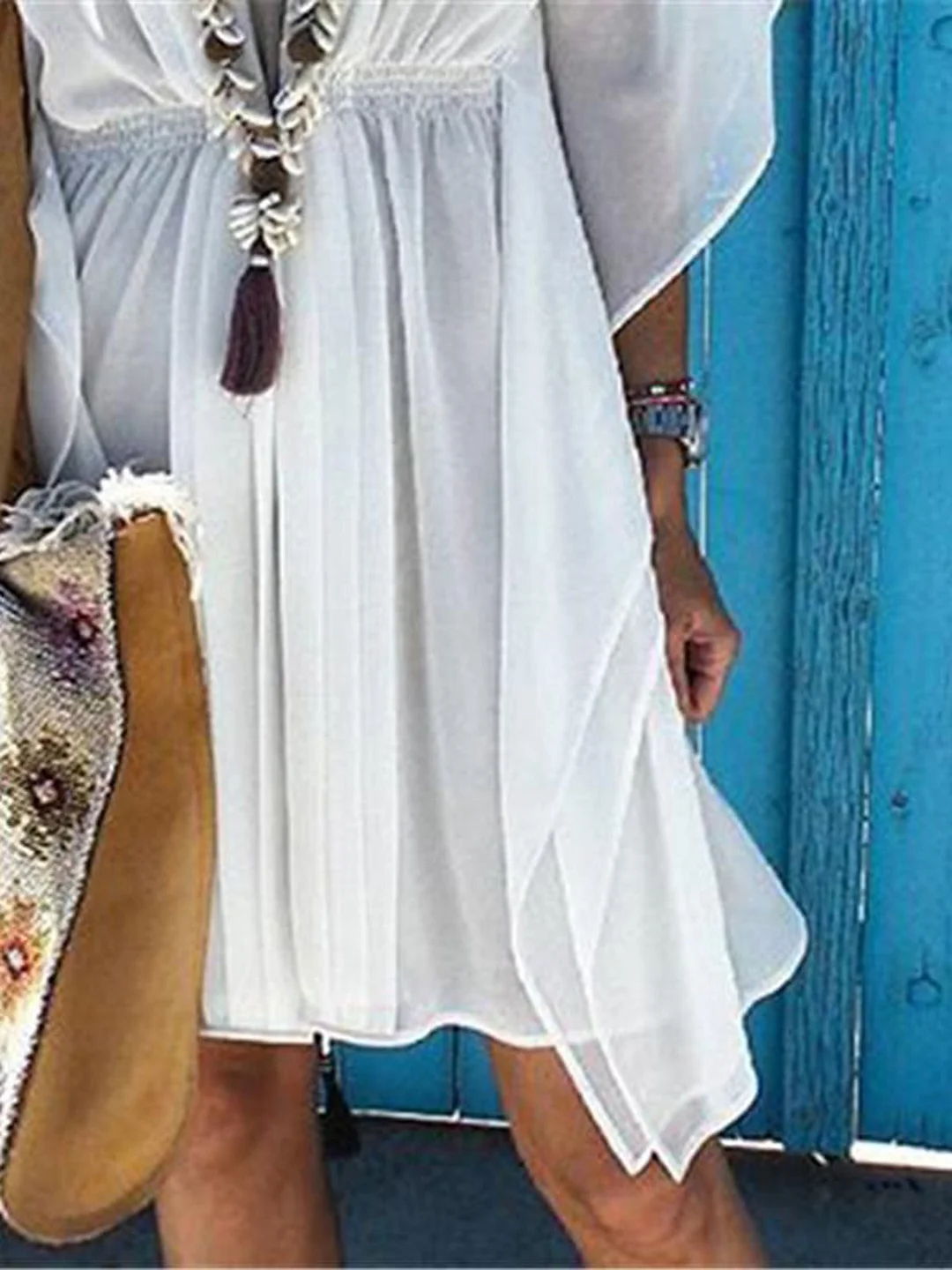 V-Neck Smocked Waist Flutter Sleeve Asymmetrical Hem Mini Dress