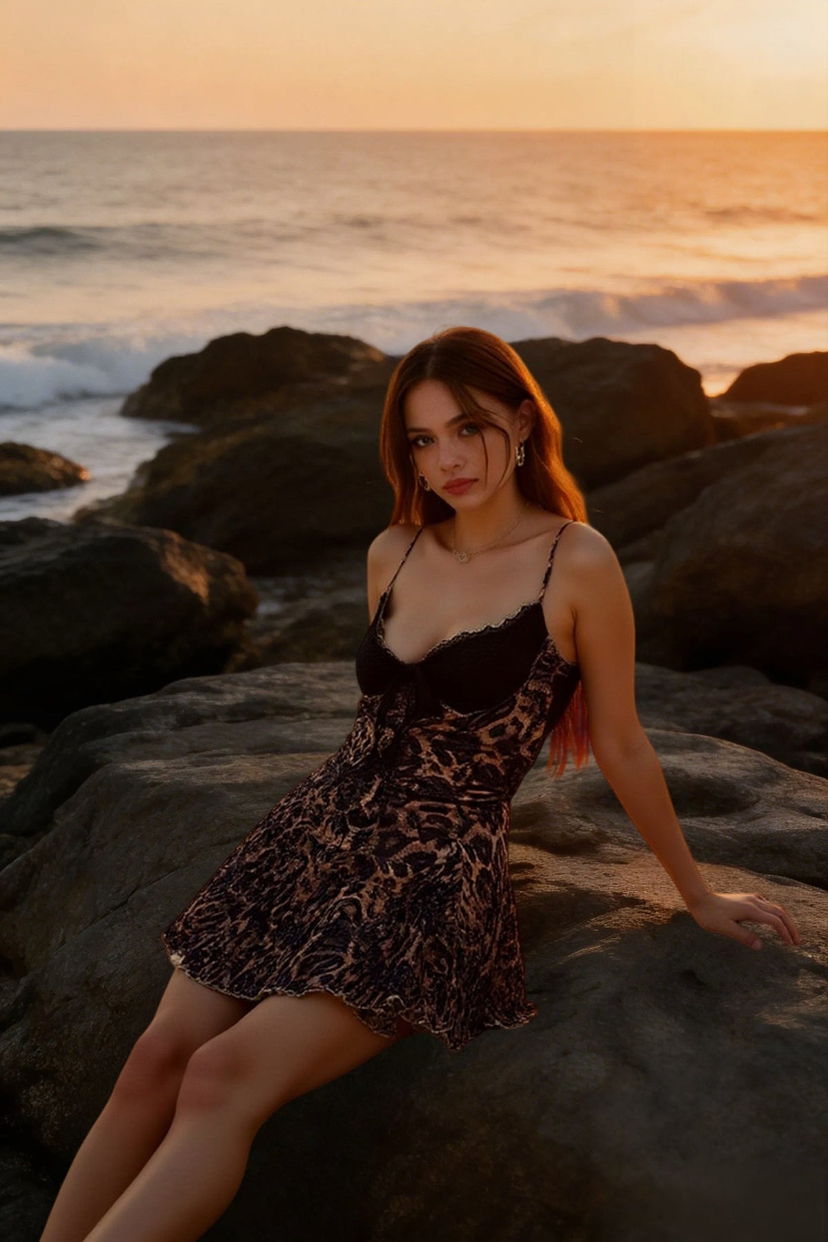 Leopard Print Lace Trim Spaghetti Strap Fit and Flare Mini Dress - View 3