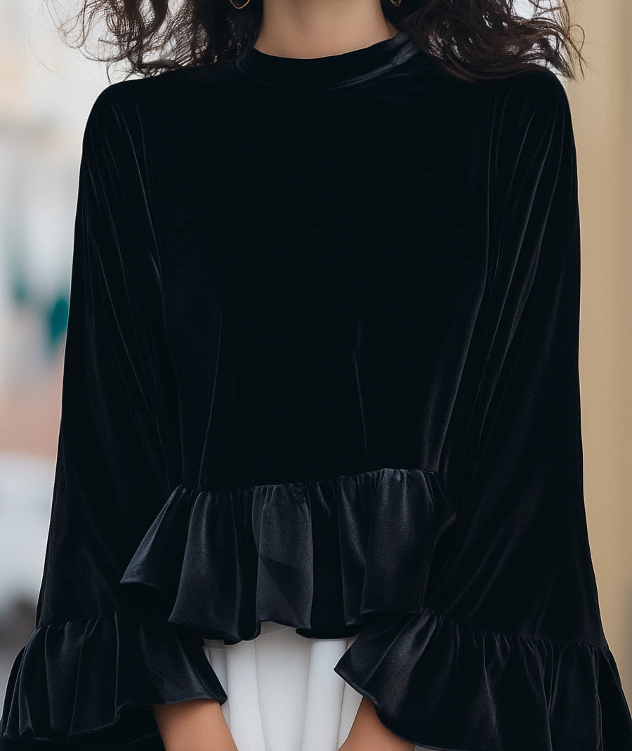 Mock Neck Bell Sleeve Ruffle Hem Velvet Top 3