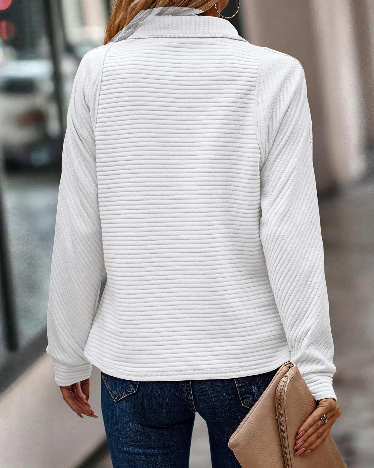 Quarter Zip Stand Collar Textured Rib Pullover Sweatshirt 11