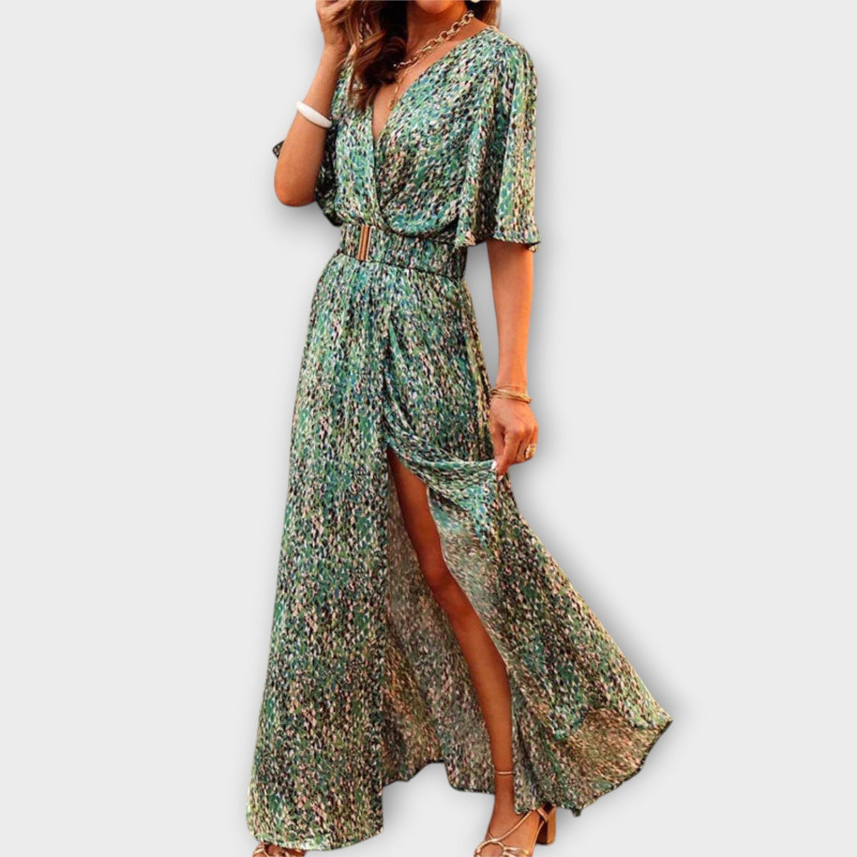 Deep V-Neck Flutter Sleeve Wrap High Split Maxi Dress
