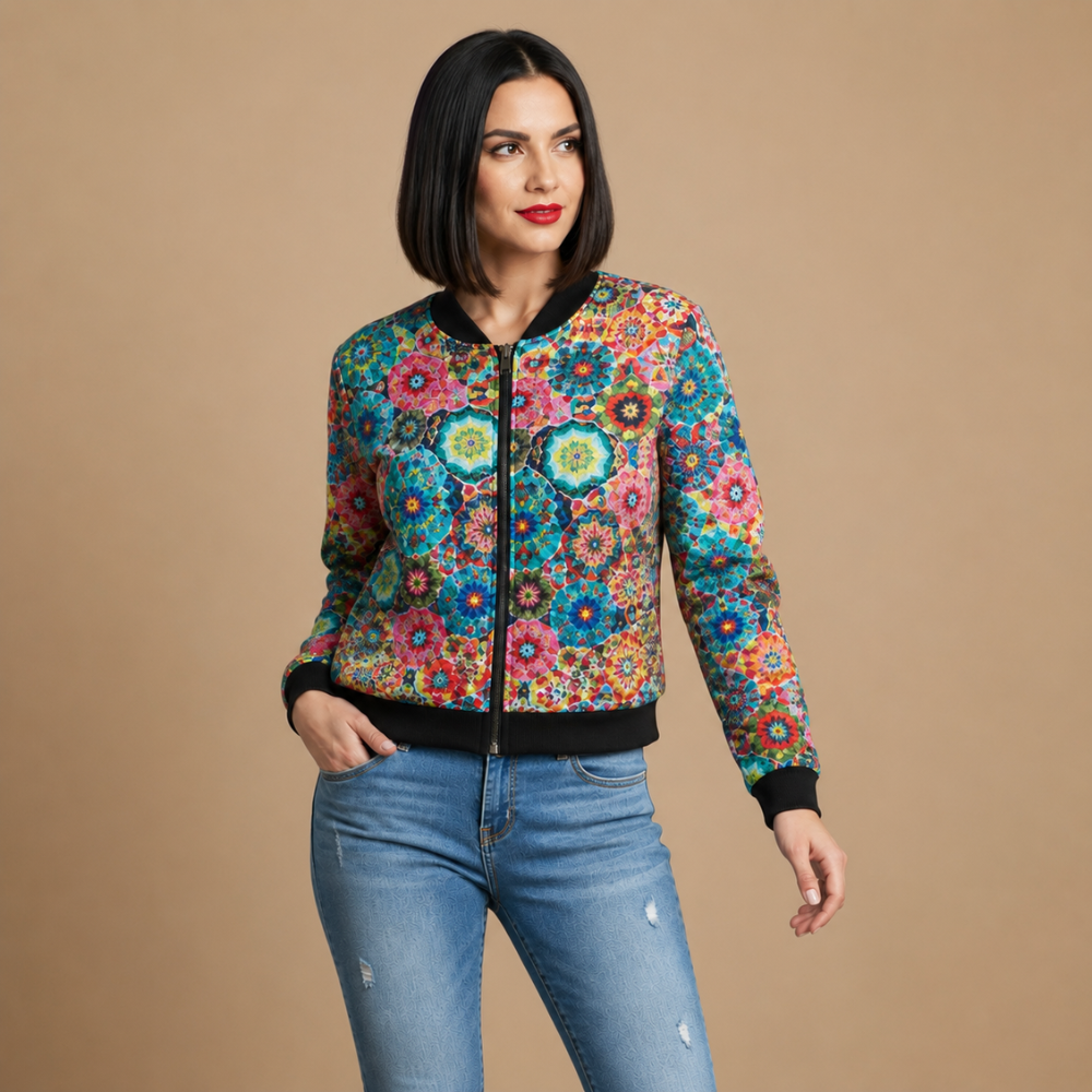Cat and Music Print Zip Front Bomber Jacket 10