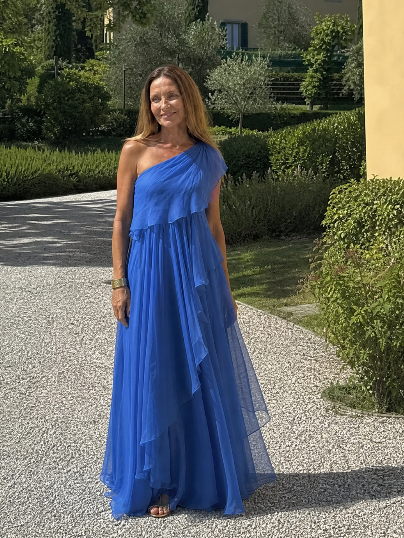 One Shoulder Ruffle Draped Chiffon Maxi Gown 11