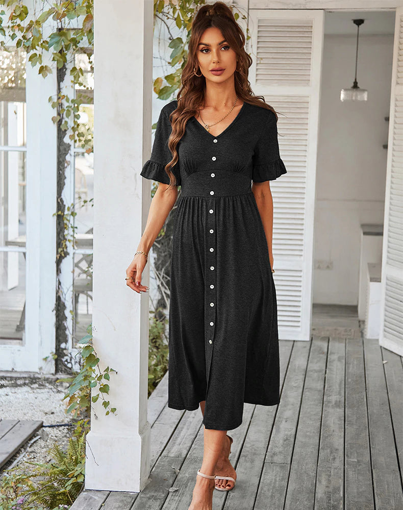 V-Neck Ruffle Sleeve Button Front A-Line Midi Dress 9