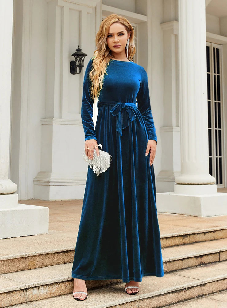 Round Neck Long Sleeve Belted Velvet Maxi Dress 8